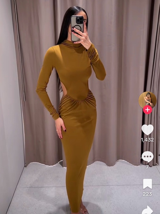 Zara Dresses & Skirts - Zara Olive Green Long-Sleeve Cutout Midi Dress